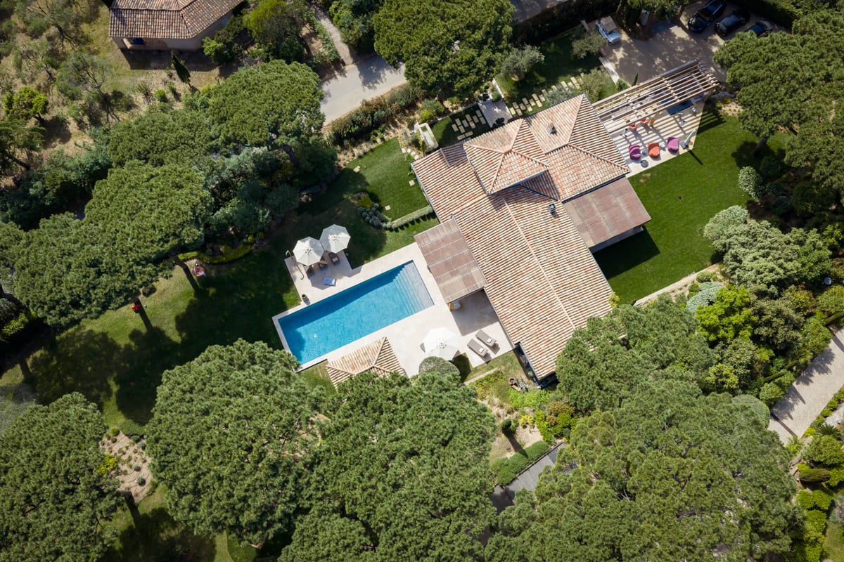 The property from directly overhead: tiled roofs and the pool set in the canopy of umbrella pines.