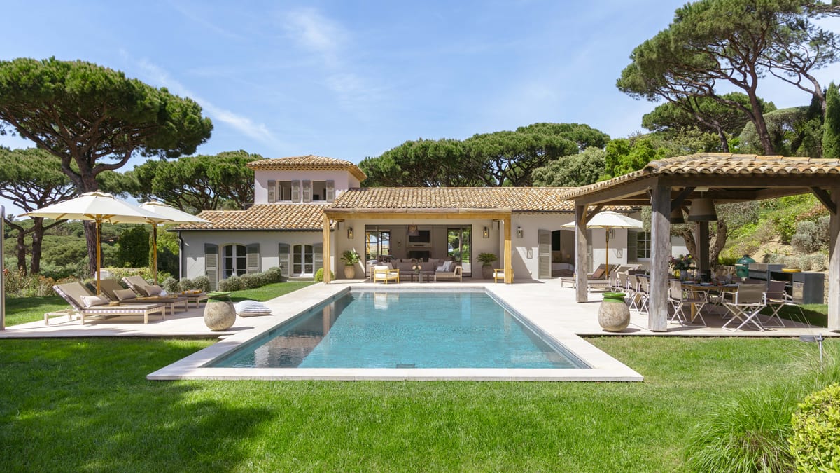 The house and pool seen across the lawn under a clear sky, umbrella pines on either side.