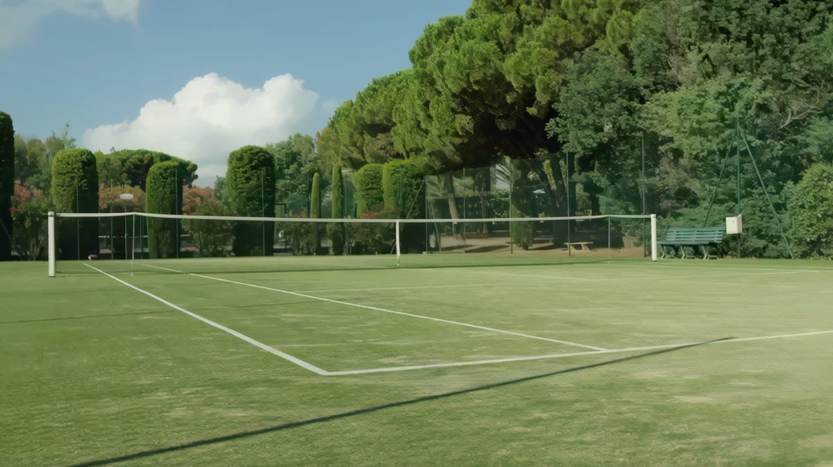 A grass tennis court bordered by clipped cypress and umbrella pines, net up, a bench at the far side.